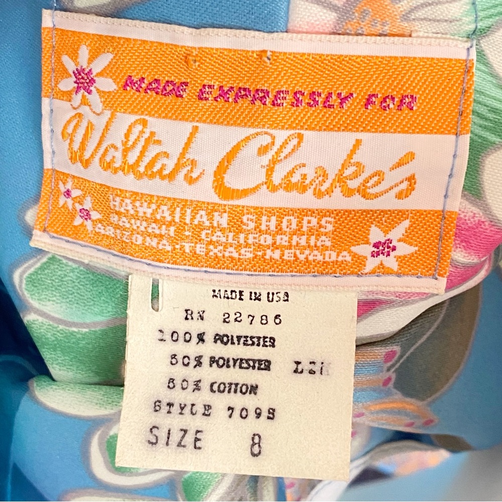 VINTAGE WALTAH CLARKE’S blue pink Hawaiian floral print sleeveless satin dress - Picture 10 of 10